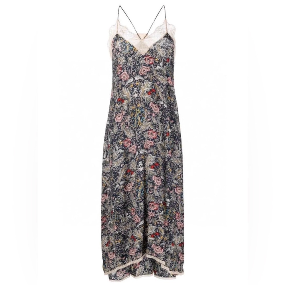 Zadig & Voltaire Rivali Lace Floral Slip Midi Dress Navy Blue Skulls Small NWOT